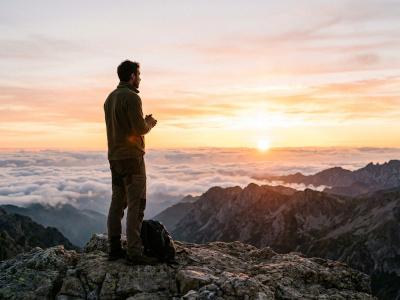man facing sunrise